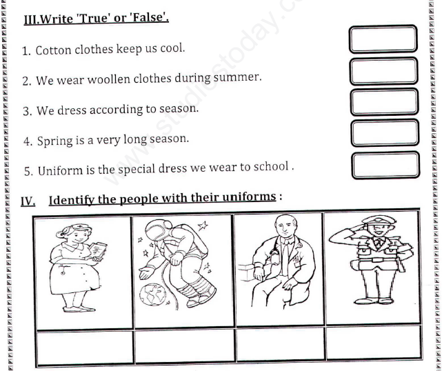 CBSE Class 1 EVS Clothes Assignment